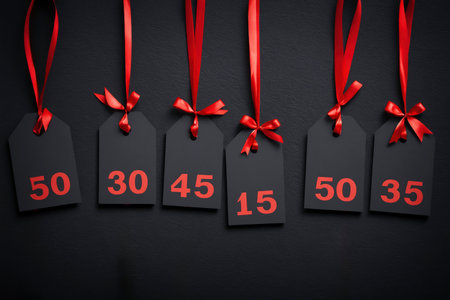 Set of black discount tags with red ribbons and numbers for Black Friday deals special offers and holiday retail promotionsの素材