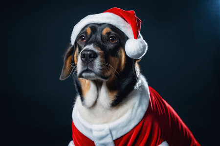 Adorable dog dressed in Santa Claus outfit posing against dark background symbolizing festive holiday cheer and Christmas joyの素材