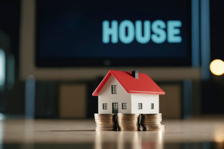 Small house model on coins with word house in background representing real estate investment mortgage savings and property value growthの素材