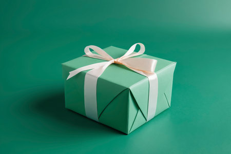 Small green gift box with elegant white ribbon on a green background ideal for celebrations holidays presents branding and product advertisingの素材