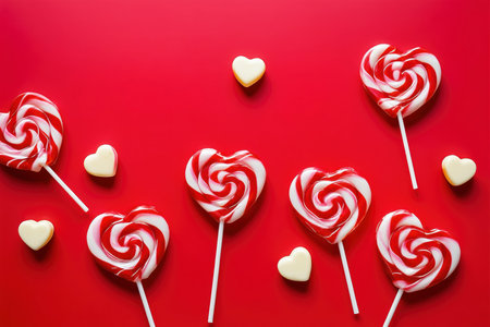 Heart shaped red and white lollipops with small candy hearts scattered on a bright red background ideal for valentine themes sweets and romantic designsの素材