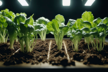 Fresh seedlings sprouting in soil illuminated by artificial grow lights ideal for concepts of agriculture indoor farming sustainability and plant cultivationの素材