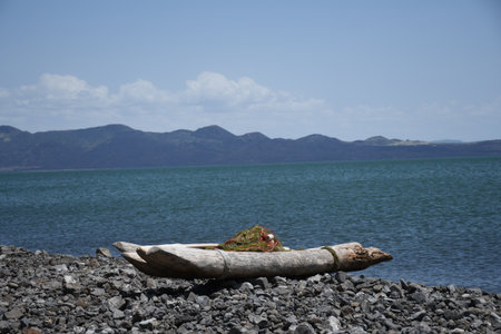 Wooden fisherman  boat on the shore of Lake Turkana, Marsabit, Kenyaの写真素材