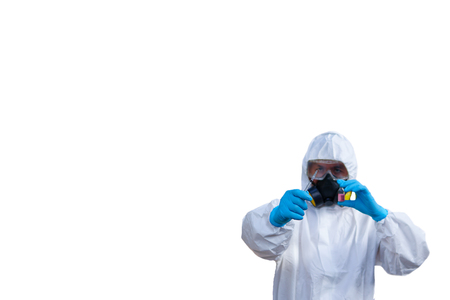 doctor or scientist in laboratory holding a syringe on white bacground,selective focusの写真素材
