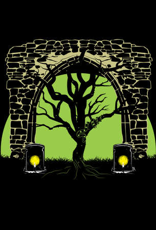 Dark Tree  A dark setting with old tree with thorns arch way and moon.のイラスト素材