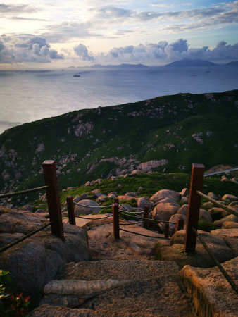 A rock stair down the hillの写真素材