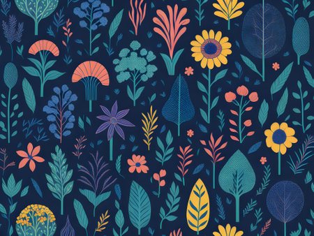 Pattern with flowers and leaves on dark blue background.の素材
