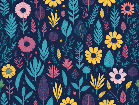 Pattern with flowers and leaves on dark blue background.の素材