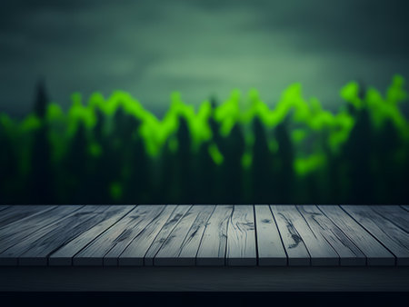 Wood table top on blur green forest background, product display montageの素材