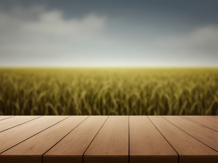 Wood table top on blurred wheat field background - can be used for display or montage your productsの素材