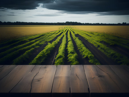 Wood table top on blurred background of field with plowed agricultural landの素材