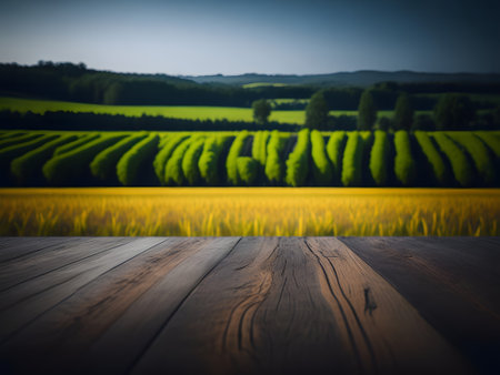 Wooden table in front of blurred countryside landscape. Collage.の素材