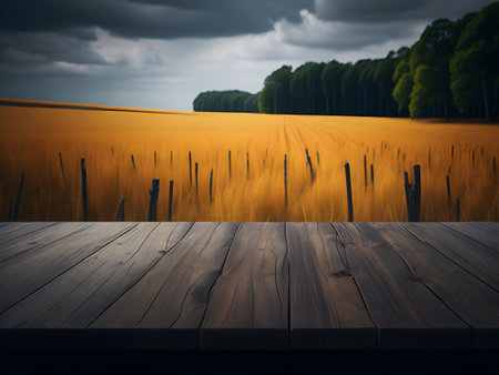 Wooden table in front of wheat field. Collage. Toned.の素材