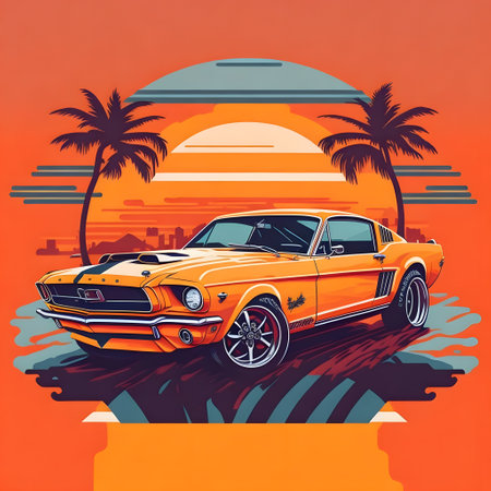Retro car on the background of the sunset. Vector illustration.の素材