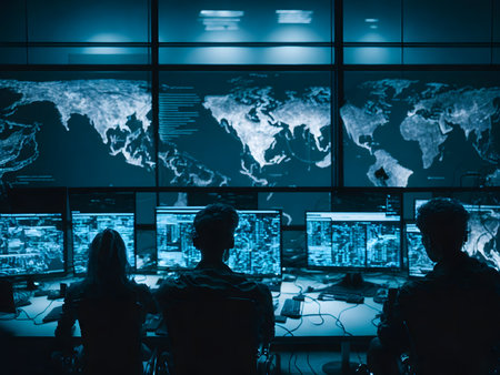 Silhouettes of people in front of monitors with a map of the worldの素材