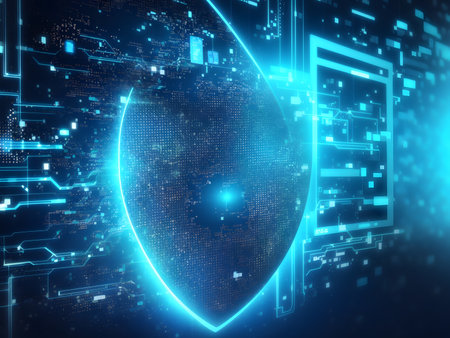 Cyber security concept with shield and binary code. 3D Renderingの素材