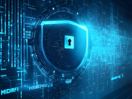 Data security concept with padlock on blue background. 3D Renderingの素材