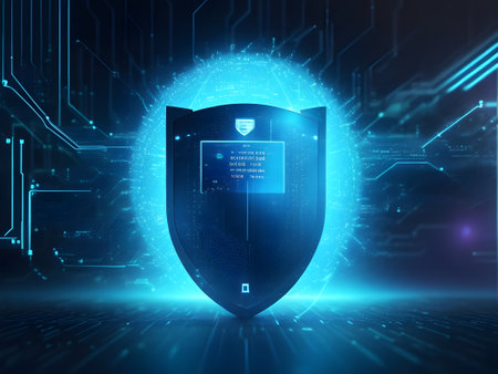 Cyber security concept: Shield with binary code over blue digital backgroundの素材
