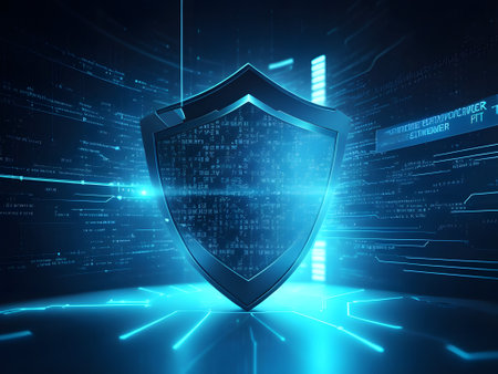 Data security concept with shield on abstract blue background. 3D Renderingの素材