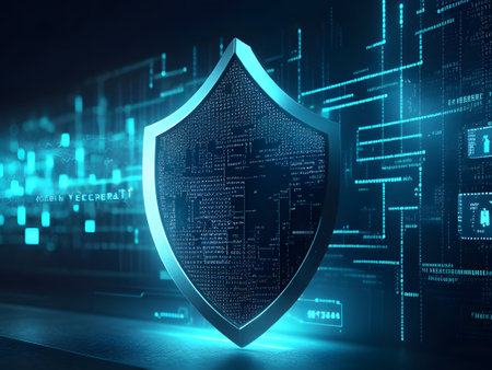 Protection shield on digital background. Data security concept. 3D Renderingの素材