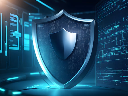 cyber security concept with shield and binary code background, 3d renderの素材