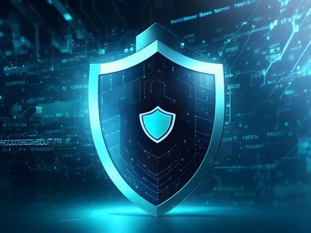 cyber security concept with shield on blue background, 3d renderの素材