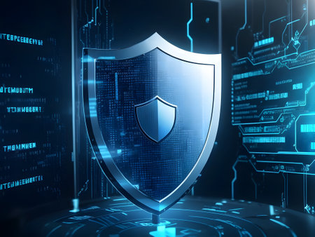 cyber security concept with shield on blue background, 3d renderの素材