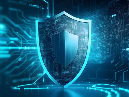 cyber security concept with shield and binary code, 3d renderingの素材