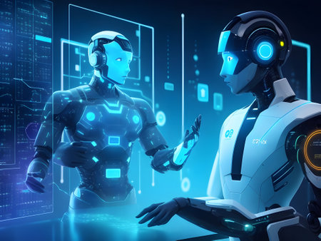 3d rendering humanoid robot working with hologram screen on dark backgroundの素材