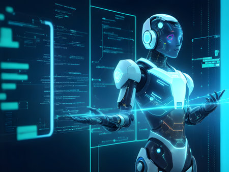 3d rendering humanoid robot with hologram screen on dark blue backgroundの素材