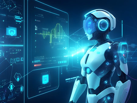 3d rendering robot or cyborg working with virtual holographic screenの素材