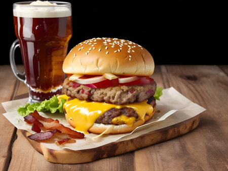 Cheese burger - American cheese burger with Golden French fries and beerの素材