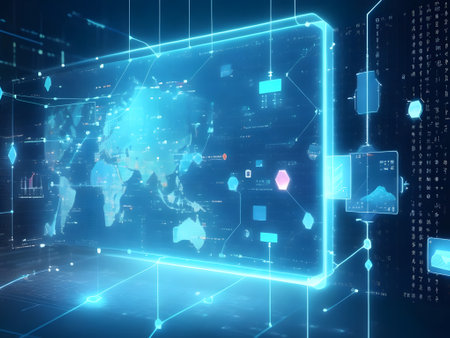 Futuristic technological background with glowing lines and icons. 3d renderingの素材