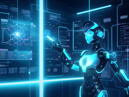 3d rendering humanoid robot touching hologram screen over dark blue backgroundの素材