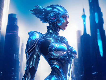Cyborg woman with futuristic city in the background. 3D renderingの素材