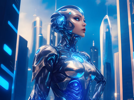 3D rendering of a female robot in a futuristic city on backgroundの素材