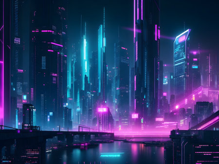 Futuristic city at night with neon lights, vector illustration.の素材