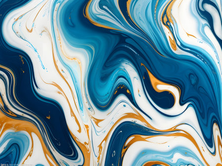 Abstract background with blue, white and gold paint. Liquid marble pattern.の素材
