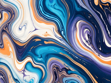 Abstract background of acrylic paint in blue, orange and white tones.の素材