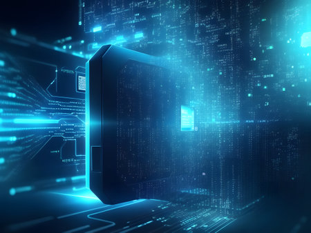 3d rendering of a server on a blue background with binary codeの素材