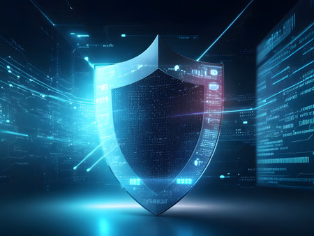 Protection shield on digital background. Data security concept. 3D Renderingの素材