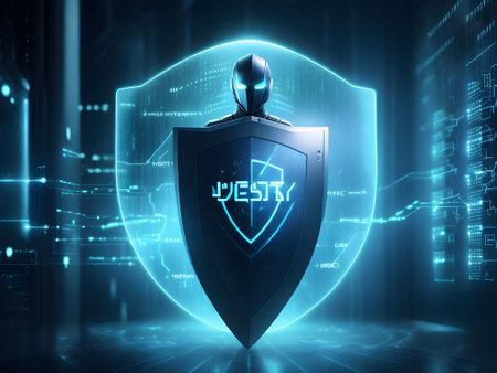 cyber security concept with shield and cyber security text 3d renderingの素材