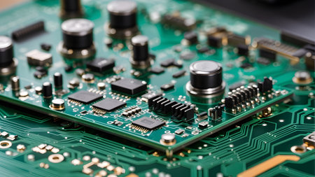 Electronic circuit board close up. Electronic computer hardware technology. Integrated communication processor. Information engineering component.の素材