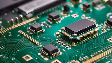 Close-up of electronic circuit board with microcircuits. Technology backgroundの素材