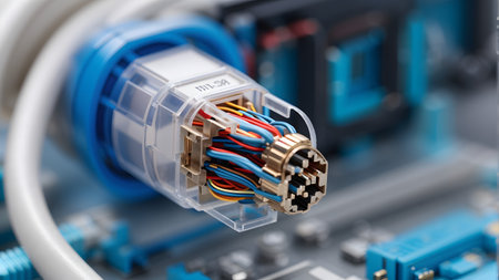 Close-up of electronic circuit board with fiber optic cables. Technology backgroundの素材