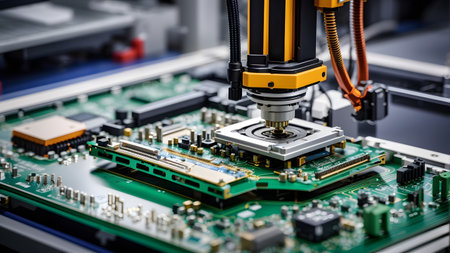 Robotic arm working on a printed circuit board. 3d renderingの素材