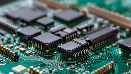 Close-up of electronic circuit board with processor and microchipsの素材