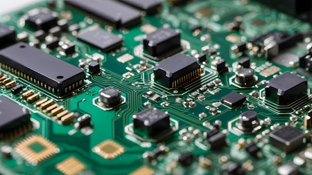Close-up of electronic circuit board with microcircuits. Technology backgroundの素材