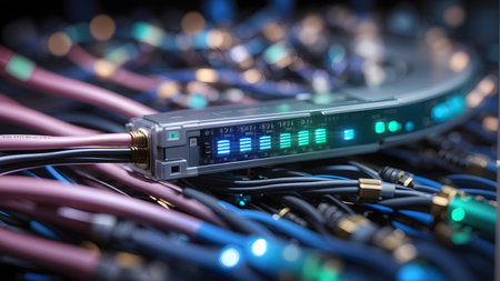Network switch and fiber optic cables, 3d rendering. Computer digital image.の素材