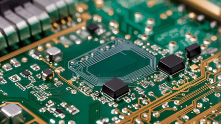 Circuit board close-up. Electronic computer hardware technology. Motherboard digital chip. Tech science background. Integrated communication processor.の素材
